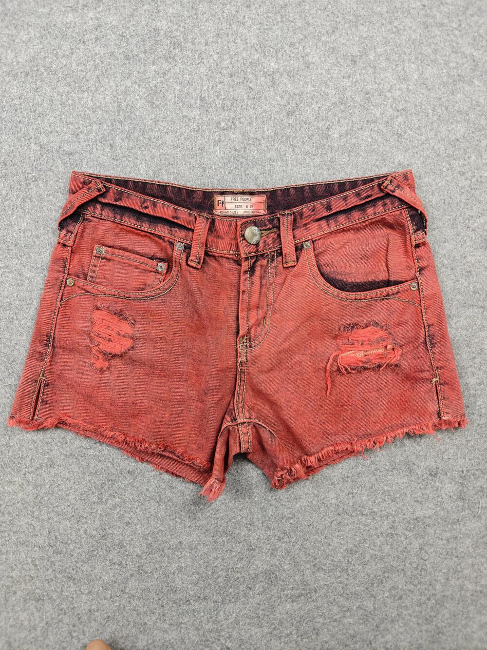 Free People Shorts Womens 25 Red Cutoff Denim 100% Cotton Pockets Frayed